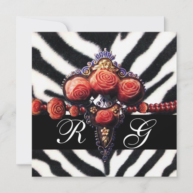 PRINTED RED CORAL ROSES , BLACK WHITE ZEBRA SKIN INVITATION (Front)