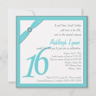 PRINTED RIBBON Aqua, Grey Sweet 16 Invite