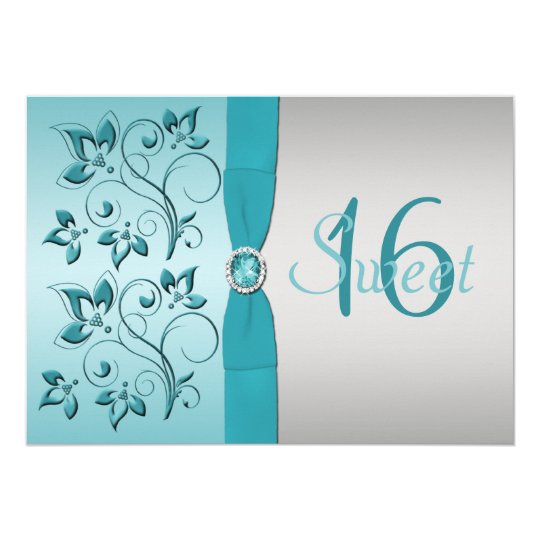 PRINTED RIBBON Aqua, Silver Sweet 16 Party Invite