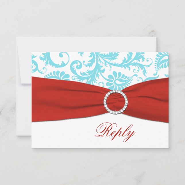 PRINTED RIBBON Aqua, White, Red Damask RSVP Card (Front)