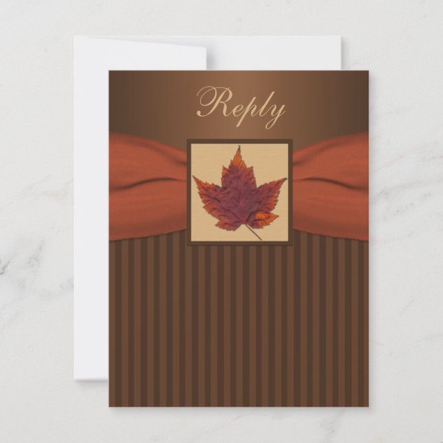 PRINTED RIBBON Autumn Leaf Stripes Wedding RSVP Card (Front)