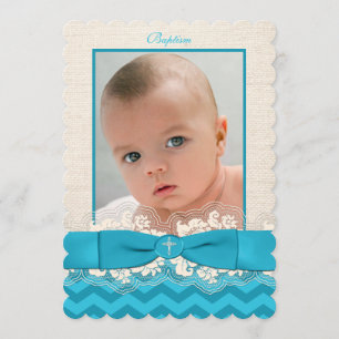 PRINTED RIBBON Baptism Photo Invite - Blue Chevron