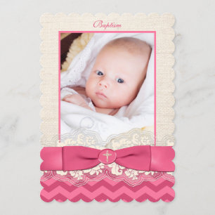 PRINTED RIBBON Baptism Photo Invite - Pink Chevron