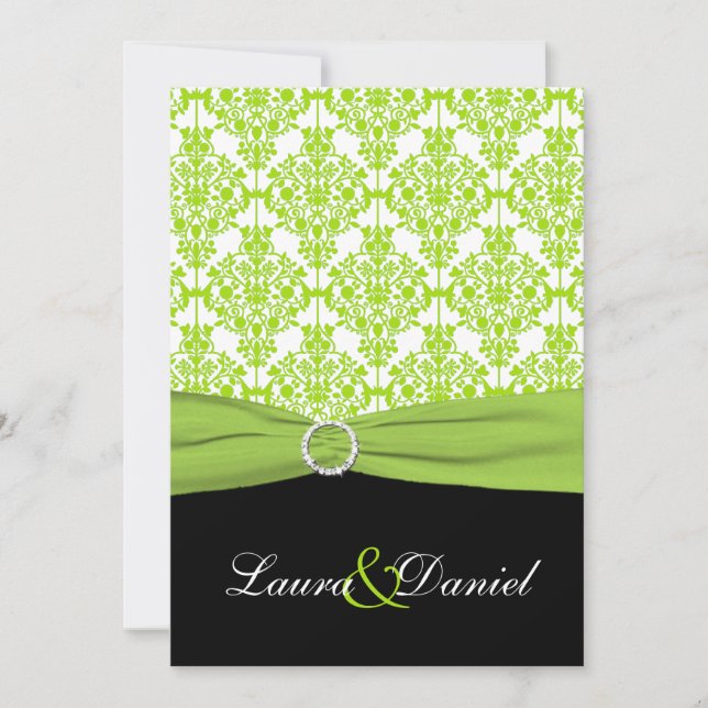 PRINTED RIBBON Black, Green Damask Wedding Invite (Front)