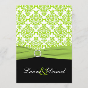PRINTED RIBBON Black, Green Damask Wedding Invite