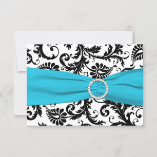PRINTED RIBBON Black White Blue Damask Reply Card