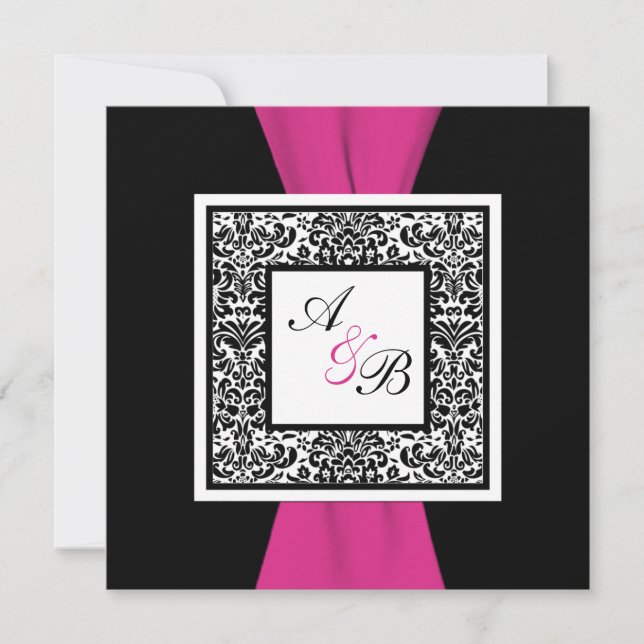 PRINTED RIBBON Black, White, Pink Damask Invite (Front)