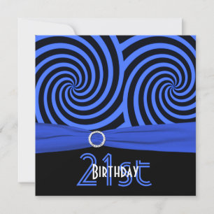 PRINTED RIBBON Blue, Black Swirls 21st Birthday Invitation
