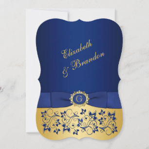 PRINTED RIBBON Blue, Gold Floral Wedding Invite 6