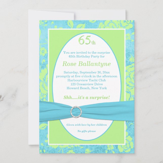 PRINTED RIBBON Blue, Green 65th Birthday Invite (Front)