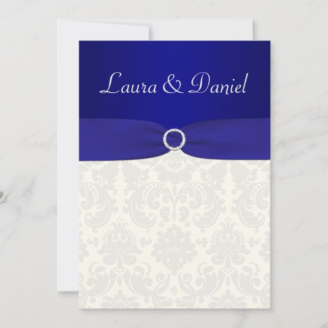 PRINTED RIBBON Blue, Ivory Damask Wedding Invite (Front)