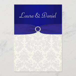 PRINTED RIBBON Blue, Ivory Damask Wedding Invite