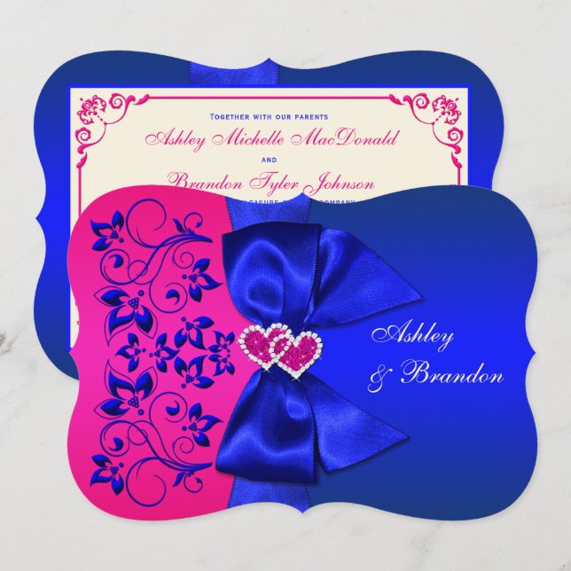 PRINTED RIBBON Blue, Pink Floral Wedding Invite (Front/Back)