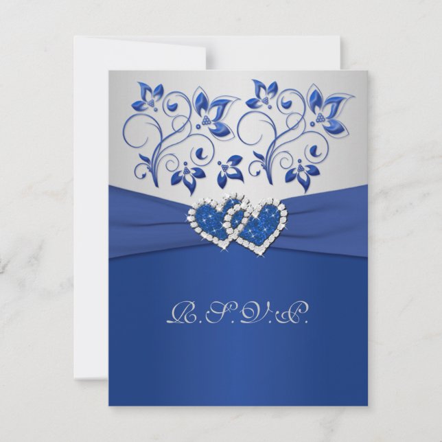 PRINTED RIBBON Blue Silver Joined Hearts RSVP Card (Front)