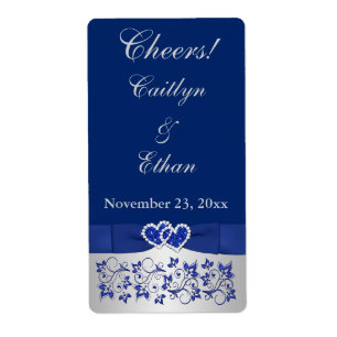 PRINTED RIBBON Blue, Silver Wedding Wine Label