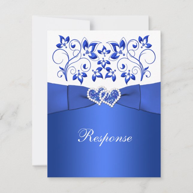 PRINTED RIBBON Blue, White Floral, Hearts RSVP Card (Front)