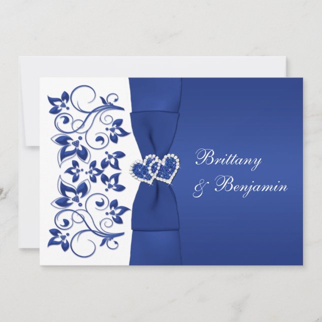 PRINTED RIBBON Blue, White Floral Wedding Invite (Front)