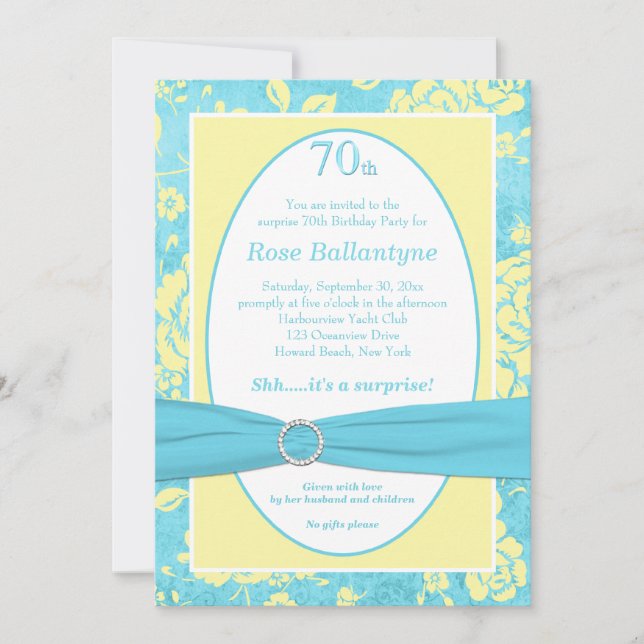 PRINTED RIBBON Blue Yellow 70th Birthday Invite (Front)