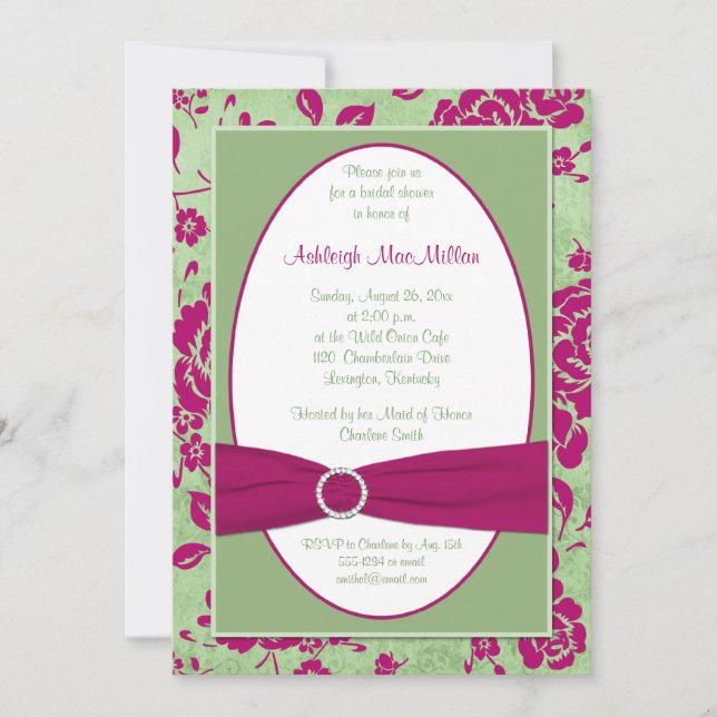PRINTED RIBBON Burgundy Green Floral Bridal Shower Invitation (Front)
