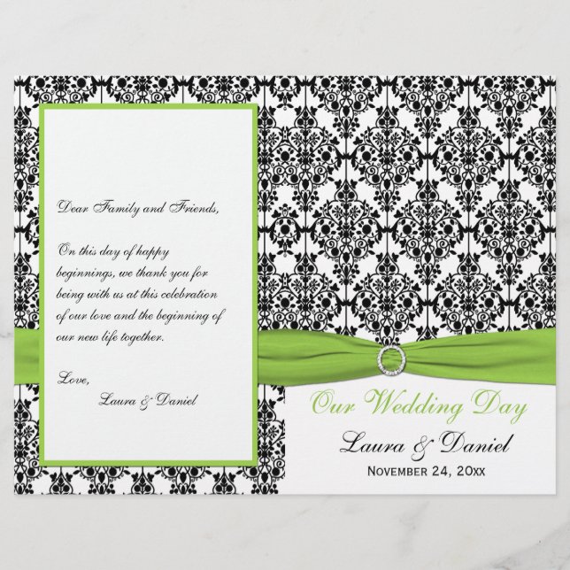 PRINTED RIBBON Chartreuse, Black Wedding Program (Front)