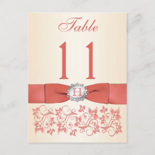 PRINTED RIBBON Coral, Champagne Table Number Postcard