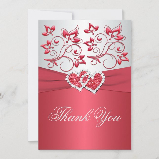 PRINTED RIBBON Coral Pink, Grey Thank You Card (Front)