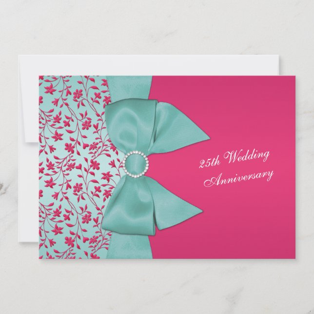 PRINTED RIBBON Fuschia, Green 25th Anniversary Invitation (Front)