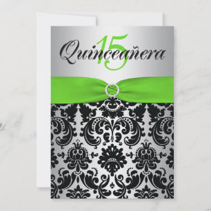 PRINTED RIBBON Green Silver Black Quinceanera Invitation