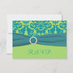 PRINTED RIBBON Green, Turquoise Damask Reply Card