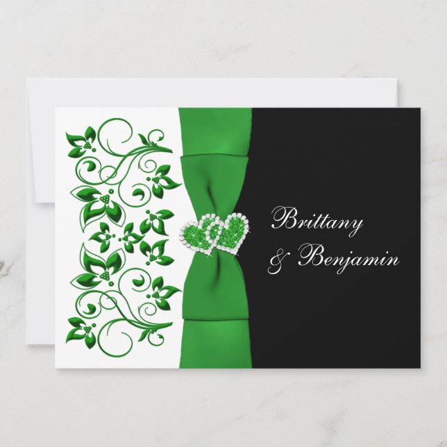 PRINTED RIBBON Green, White, Black Wedding Invite (Front)