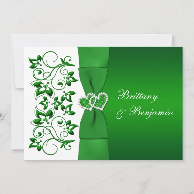 PRINTED RIBBON Green, White Floral Wedding Invite (Front)