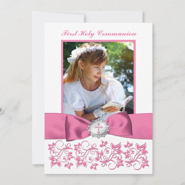 PRINTED RIBBON Holy Communion Photo Thank You Card (Front)