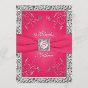 PRINTED RIBBON Hot Pink, Silver Wedding Invitation