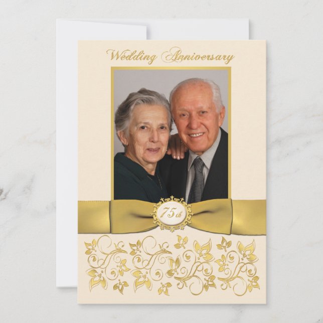 PRINTED RIBBON Ivory, Gold 75th Anniversary Invite (Front)