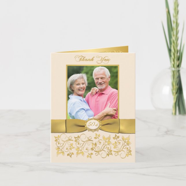 PRINTED RIBBON Ivory Gold Floral Thank You Card (Front)