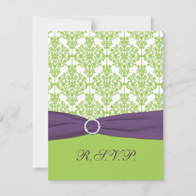 PRINTED RIBBON Lime, Purple Damask Reply Card (Front)