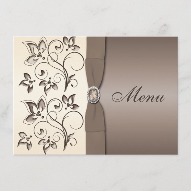 PRINTED RIBBON Mocha, Ivory Floral Menu Card (Front)