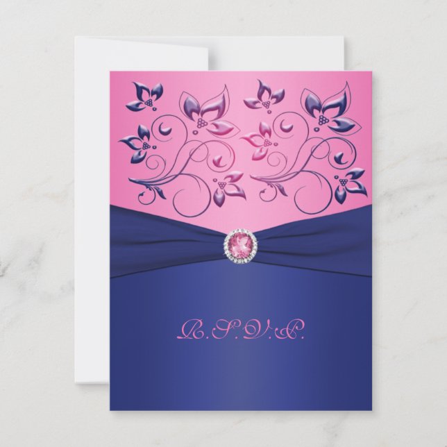 PRINTED RIBBON Navy, Pink Floral RSVP Card (Front)