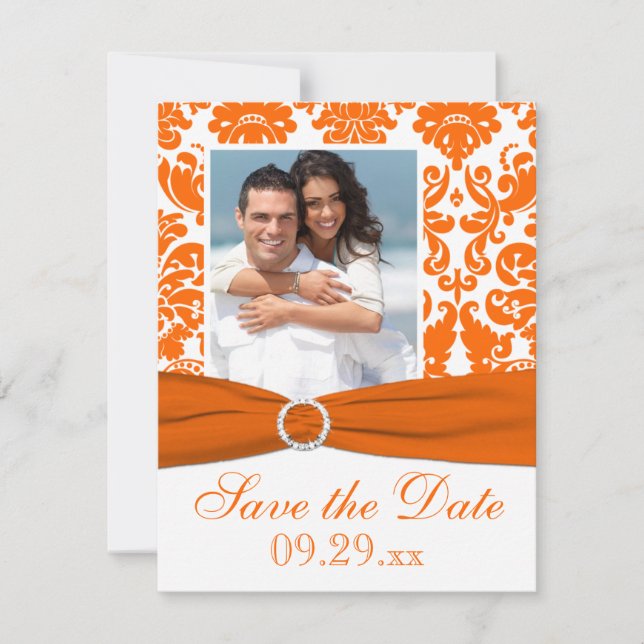 PRINTED RIBBON Orange Damask Photo Save the Date (Front)