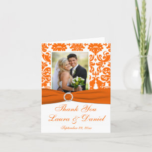 PRINTED RIBBON Orange Damask Photo Thank You Card