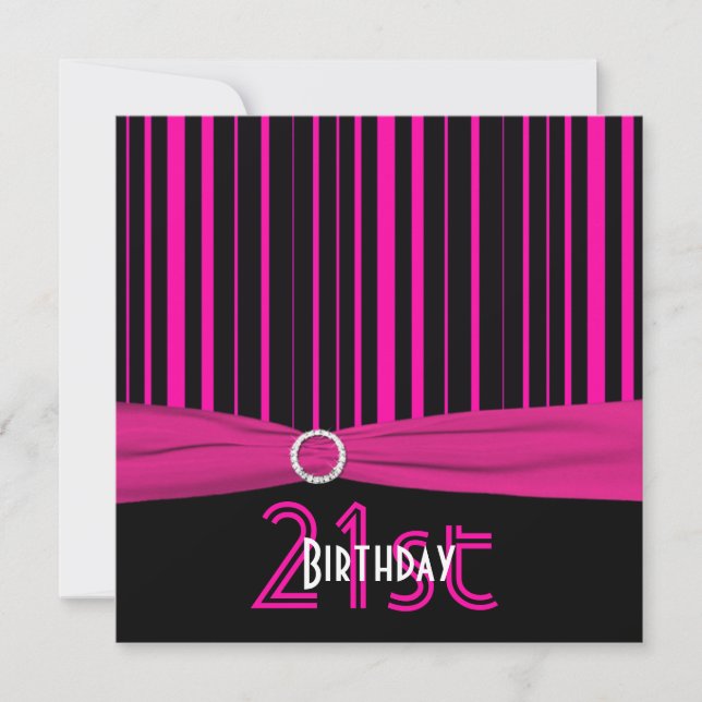PRINTED RIBBON Pink and Black Stripe 21st Birthday Invitation (Front)