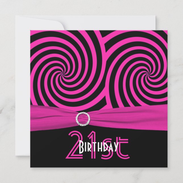 PRINTED RIBBON Pink and Black Swirls 21st Birthday Invitation (Front)