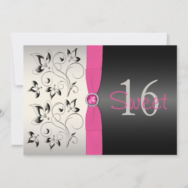 PRINTED RIBBON Pink, Black Floral Sweet 16 Invite (Front)