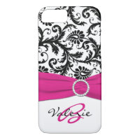 PRINTED RIBBON Pink, Black, White Floral Damask