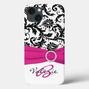PRINTED RIBBON Pink, Black, White Floral Damask iPhone 13 Case