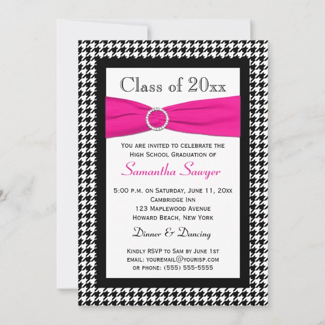 PRINTED RIBBON Pink Black White Graduation Invite (Front)