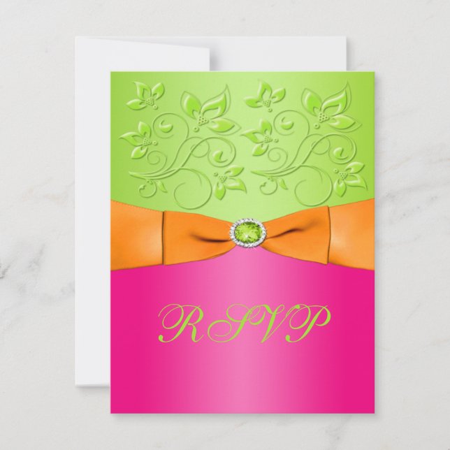 PRINTED RIBBON Pink Orange Lime Floral Reply Card (Front)