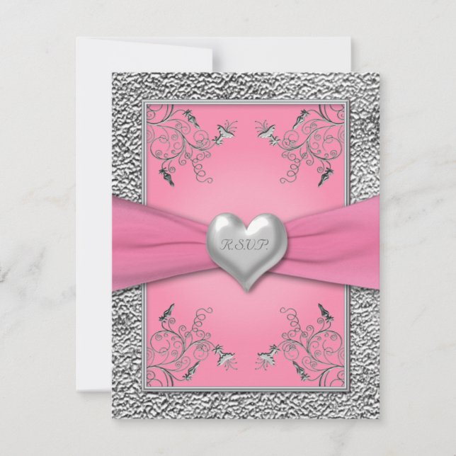 PRINTED RIBBON Pink, Pewter Heart RSVP Card (Front)