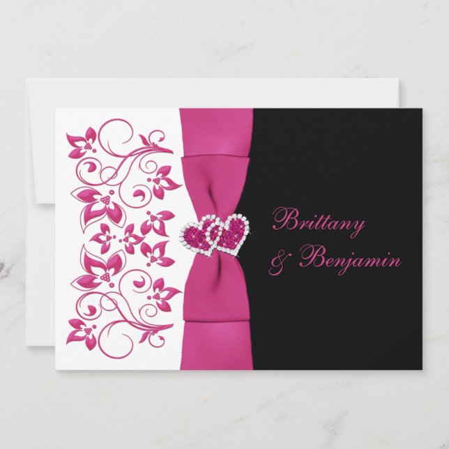 PRINTED RIBBON Pink, White, Black Wedding Invite (Front)