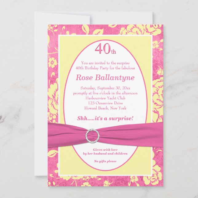 PRINTED RIBBON Pink Yellow 40th Birthday Invite (Front)